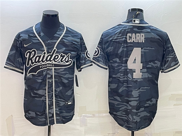 Men's Las Vegas Raiders #4 Derek Carr Gray Camo With Patch Cool Base Stitched Baseball Jersey